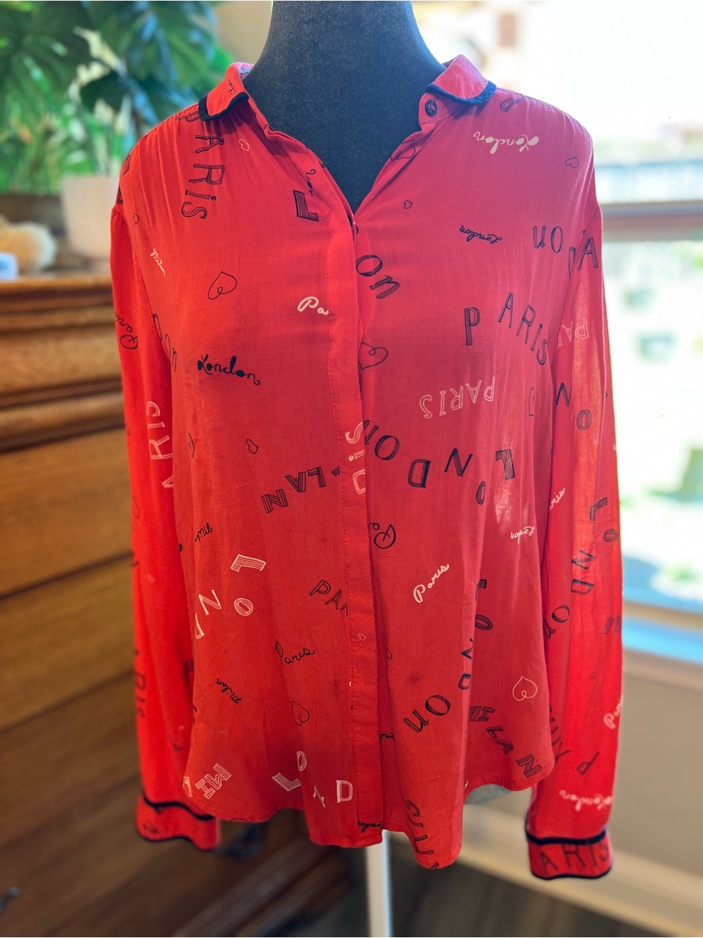 Maeve Red Button-Front Blouse with Script & Heart Motif
